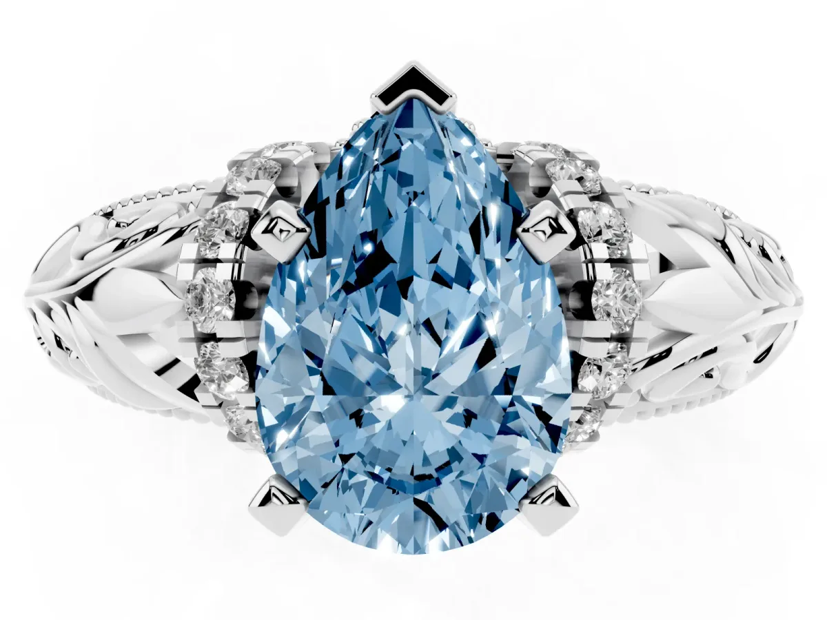 Fancy Blue Pear Cut Solitaire Filigree Engagement Ring with Halo and Prong Setting Silver