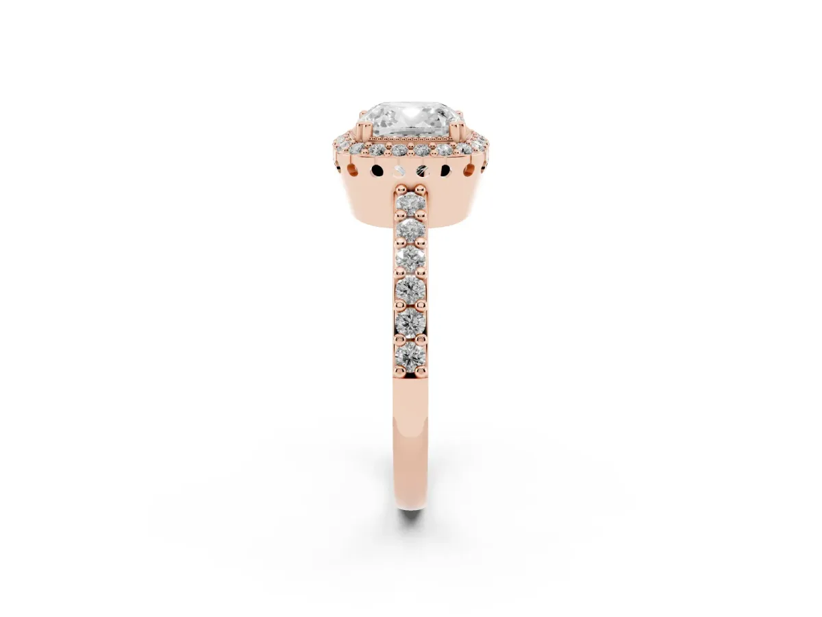 Cushion Cut Cut Diamond Halo Engagement Ring with Milgrain Detail and Pavé Band Rose gold