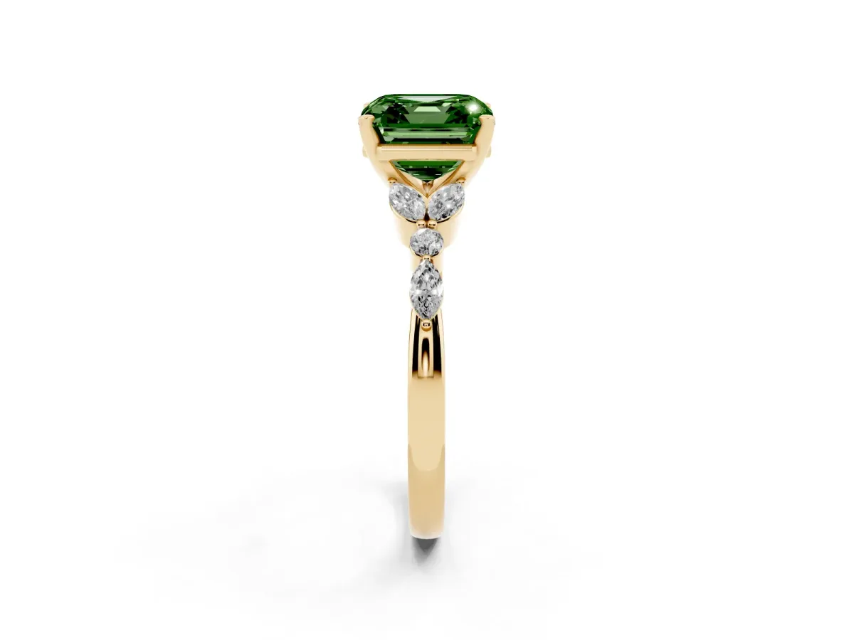 Fancy Green Asscher Cut Diamond Solitaire Ring with Side Stones and Four-Prong Setting Yellow gold