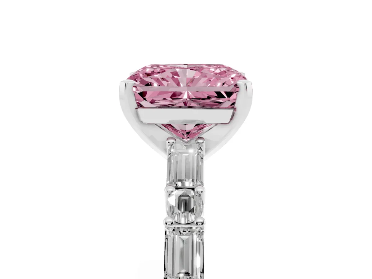 Fancy Pink Radiant Cut Diamond Solitaire with Side Baguettes and Channel Set Band White gold