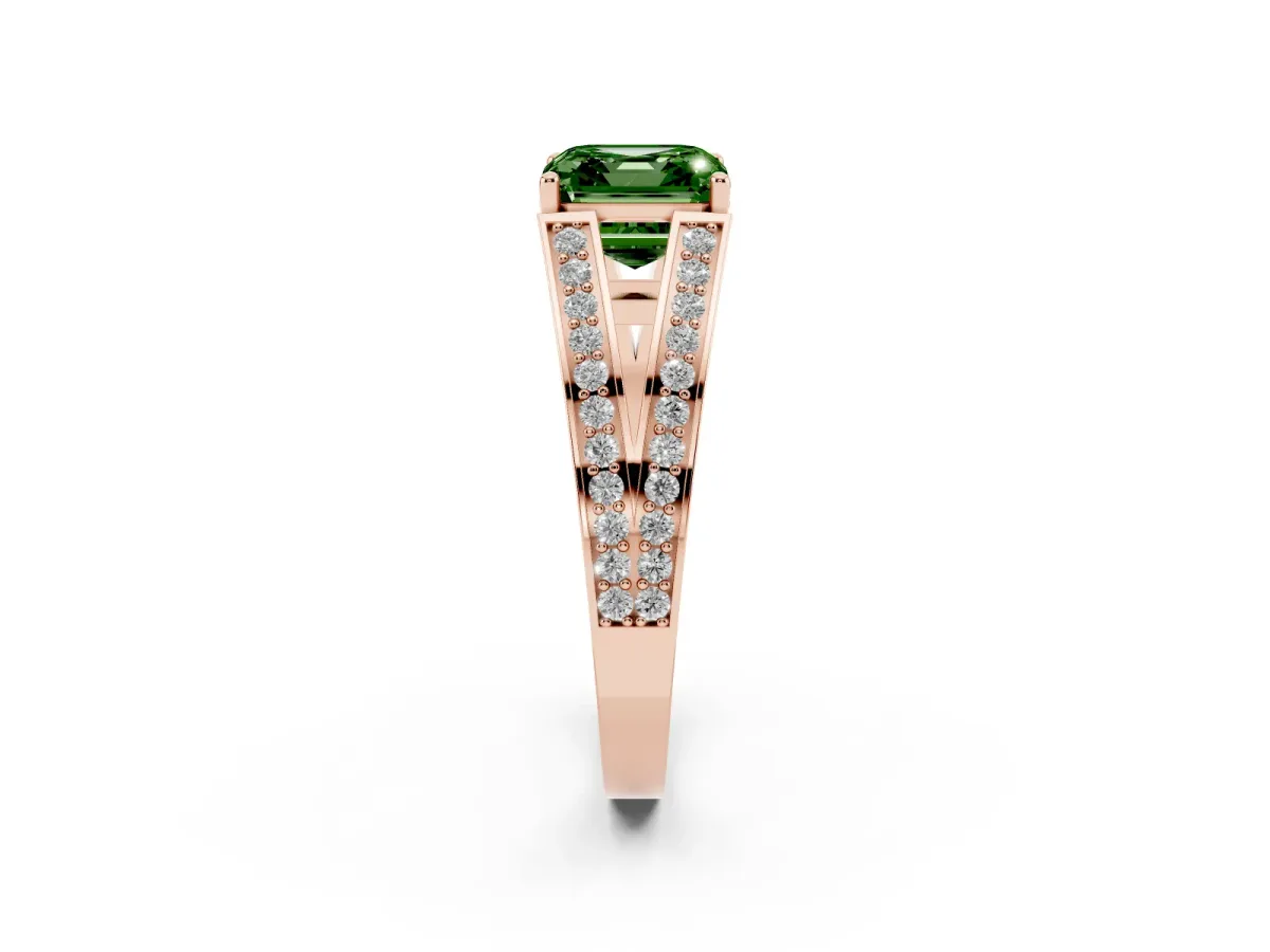 Fancy Green Asscher Cut Diamond Split Shank Ring with Pavé Band and Four-Prong Setting Rose gold
