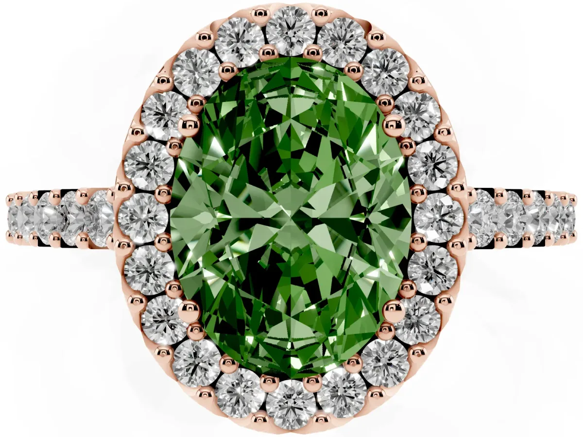 Fancy Green Oval Cut Halo Diamond Pavé Solitaire Ring Rose gold