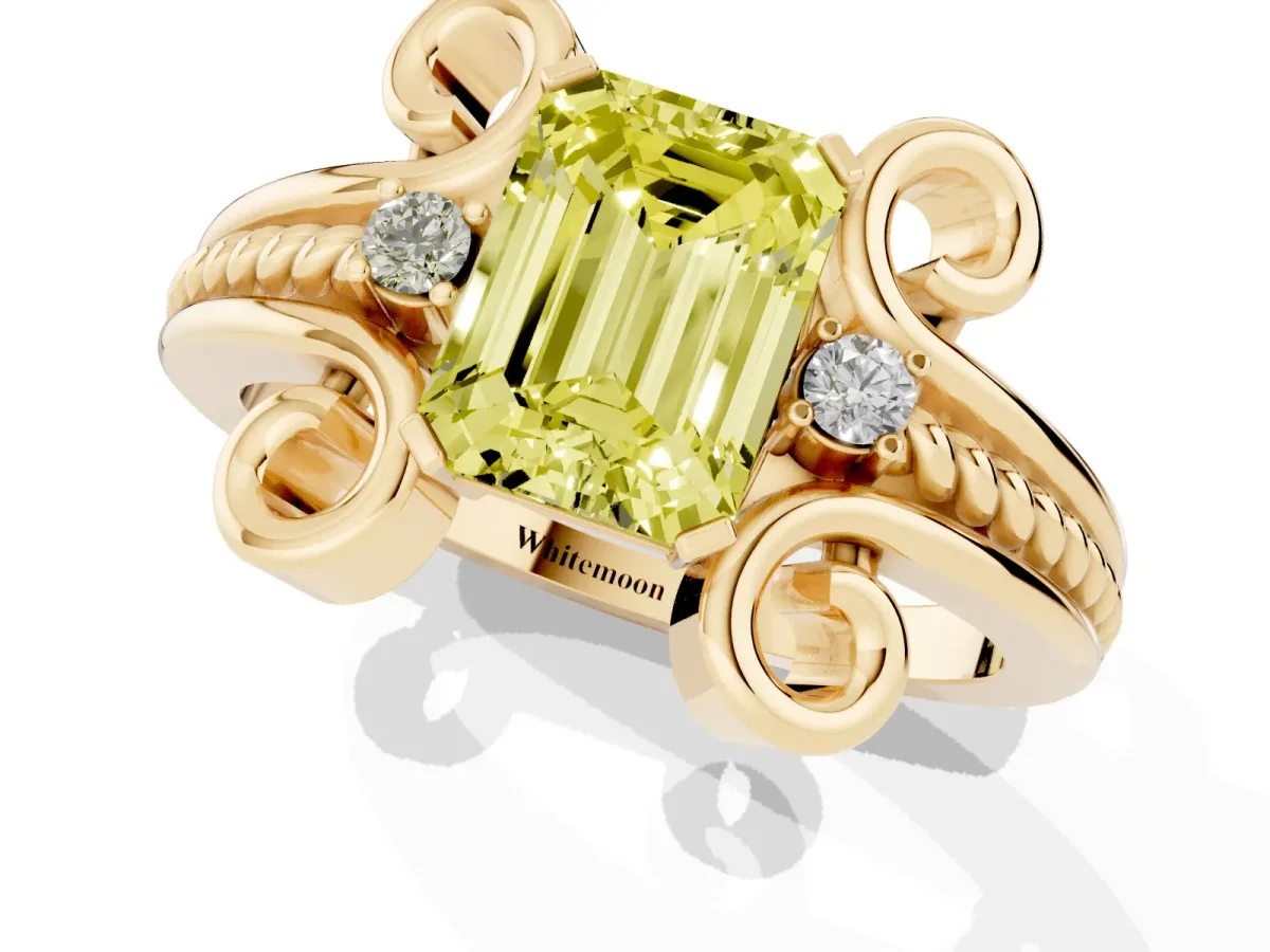Fancy Yellow Emerald Cut Solitaire Twisted Band Scroll Prong Ring Yellow gold