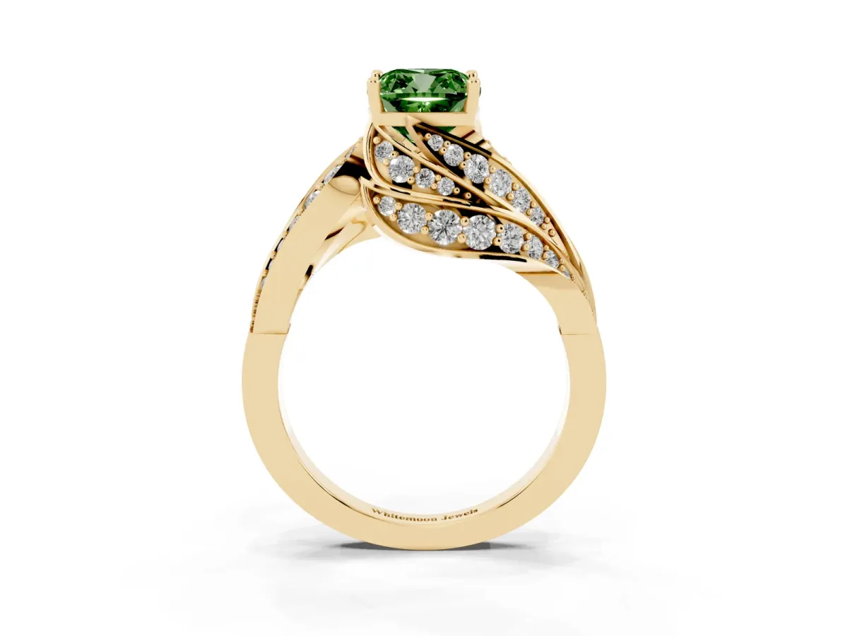 Fancy Green Cushion Cut Diamond Solitaire Ring with Prong Setting and Twisted Pavé Band Yellow gold