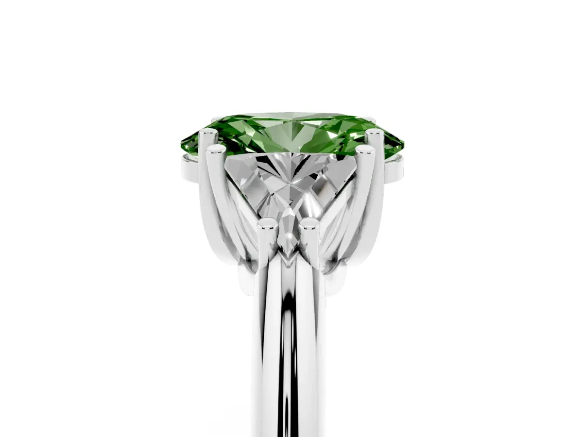 Fancy Green Three-Stone Oval Cut Diamond Engagement Ring with Trillion Side Stones and Prong Setting Silver