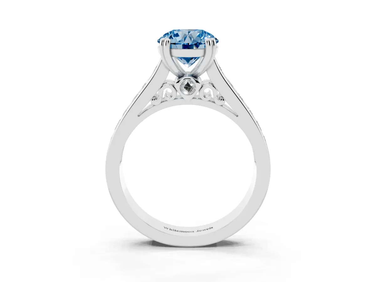 Fancy Blue Round Cut Cut Channel Set Solitaire Engagement Ring with Prong Setting Platinum