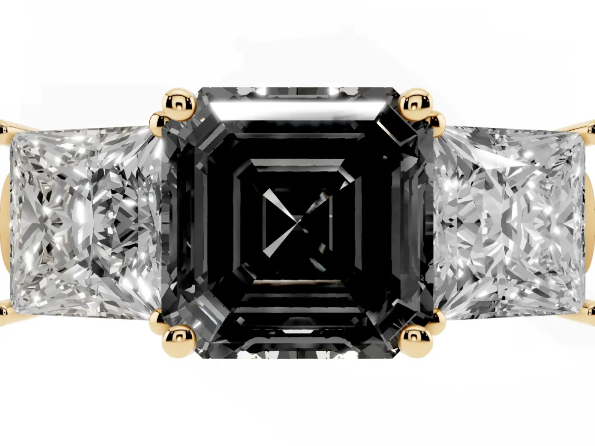 Fancy Black Three-Stone Asscher Cut Brilliant Diamond Trellis Ring with Comfort Fit Band Yellow gold