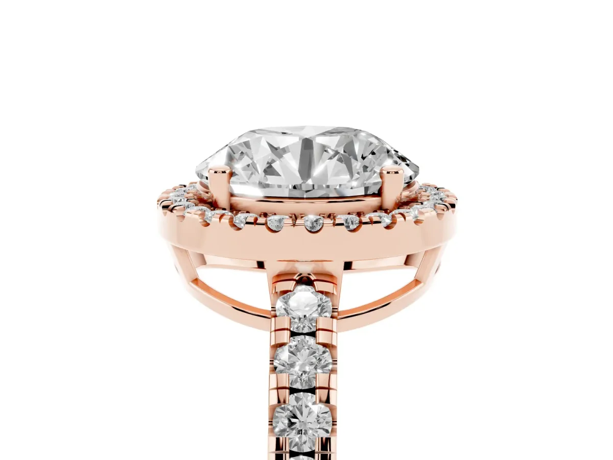 Round Cut Diamond Halo Ring with Pavé Band and Four-Prong Setting Rose gold