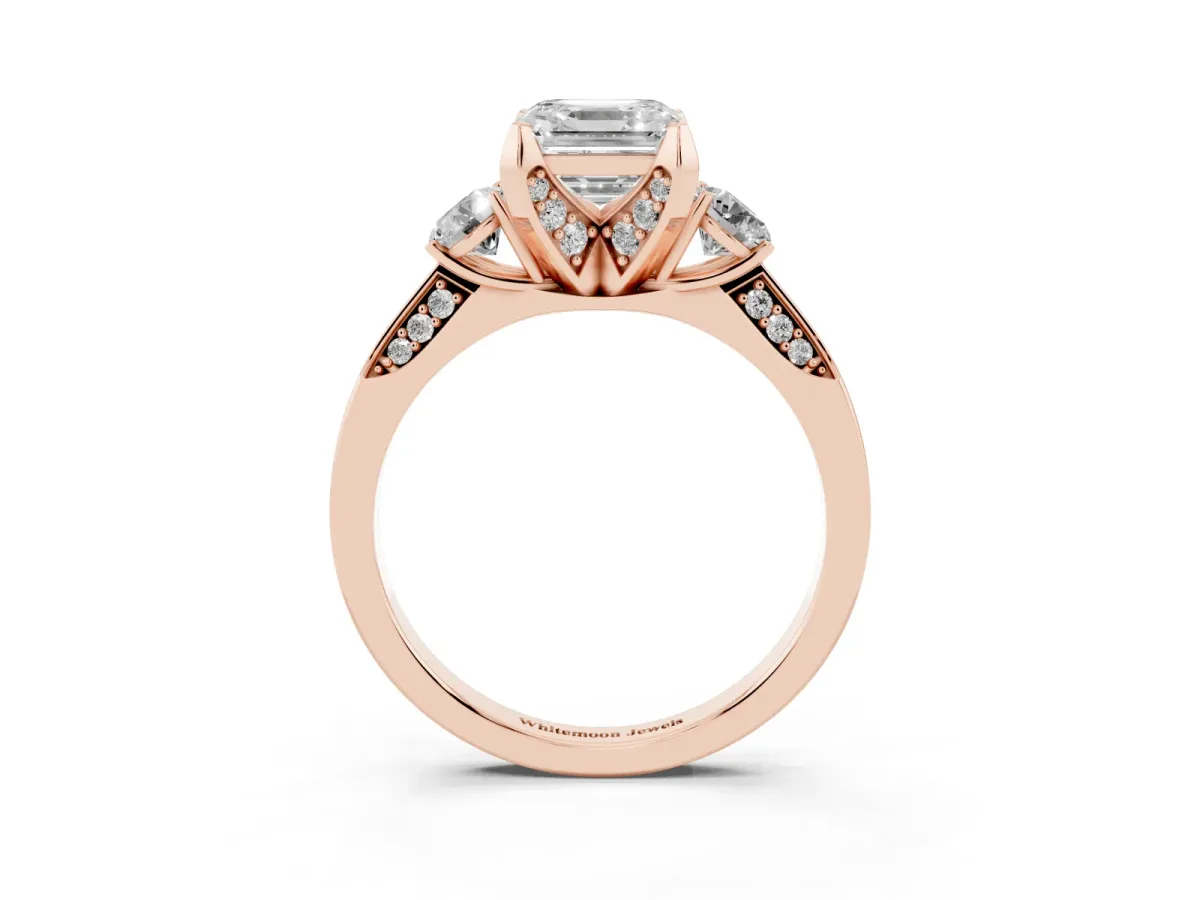 Asscher Cut Brilliant Three-Stone Diamond Ring with Pavé Band and Four-Prong Setting Rose gold