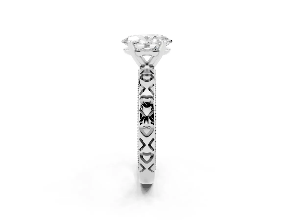 Oval Cut Solitaire Diamond Engagement Ring with XO Engraved Band and Four-Prong Setting Platinum