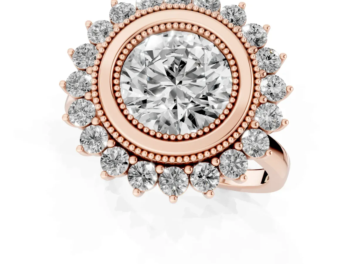 Round Cut Halo Diamond Ring with Milgrain Edge and Round Prong Setting Rose gold