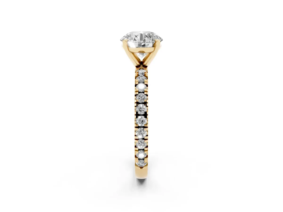 Round Cut Diamond Pavé Band Solitaire with Four-Prong Setting Yellow gold