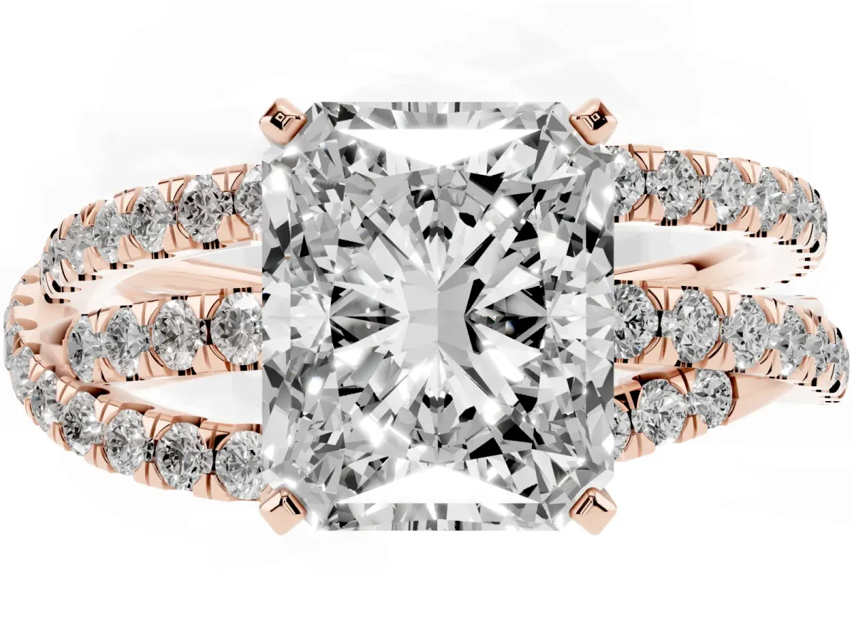 Radiant Cut Solitaire Twist Band with Pavé Setting and Four-Prong Setting Rose gold