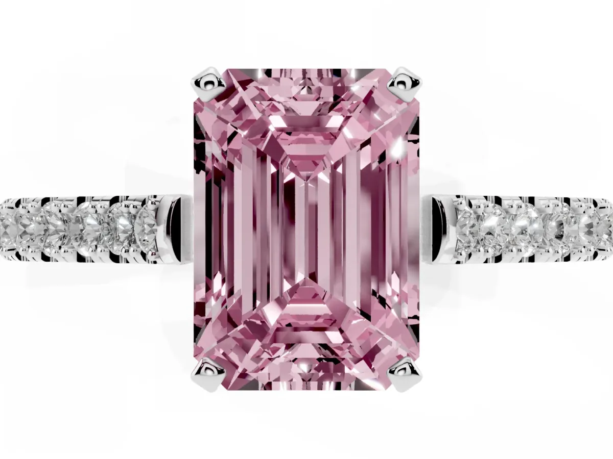 Fancy Pink Emerald Cut Cut Solitaire Diamond Engagement Ring with Pave Band and Four-Prong Setting Platinum