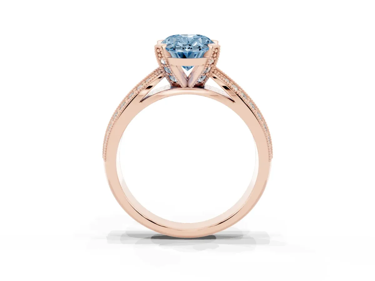 Fancy Blue Oval Cut Diamond Solitaire Ring with Milgrain Round Pavé Band and Prong Setting Rose gold