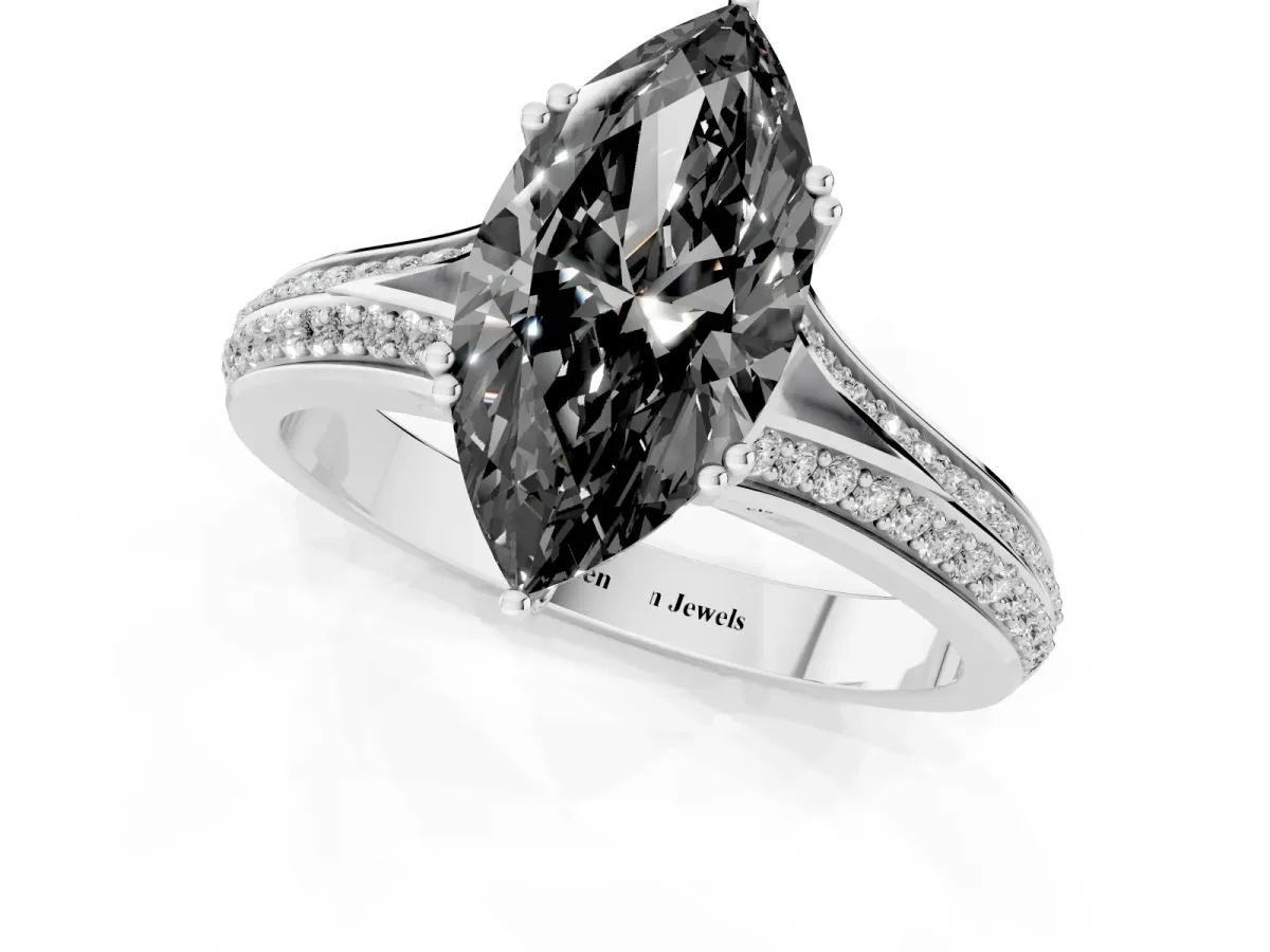 Fancy Black Marquise Cut Diamond Split Shank Engagement Ring with Pavé Band Silver