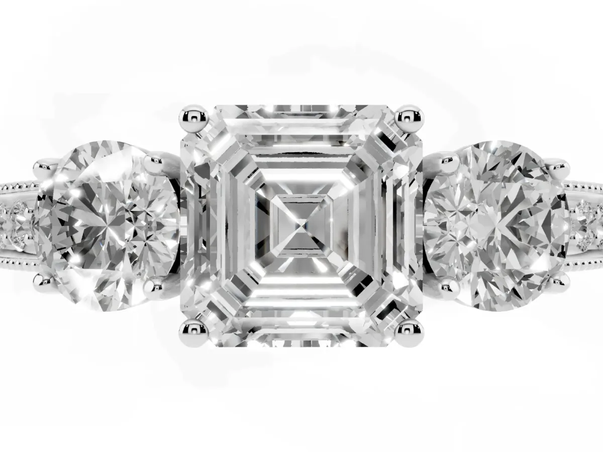 Asscher Cut Three-Stone Diamond Ring with Pavé Band and Four-Prong Setting Platinum