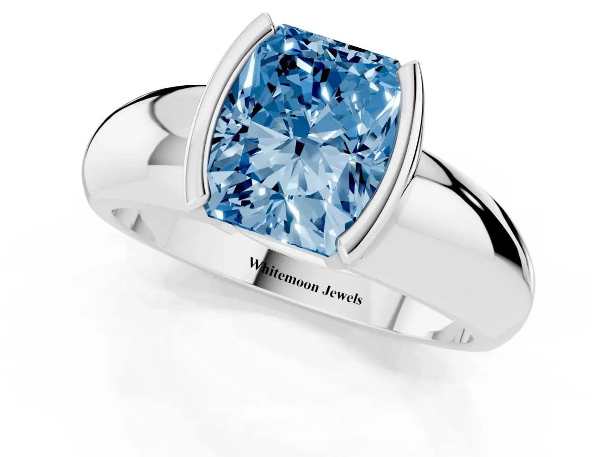 Fancy Blue Radiant Cut Solitaire Tension Set Diamond Ring with Wide Band Silver