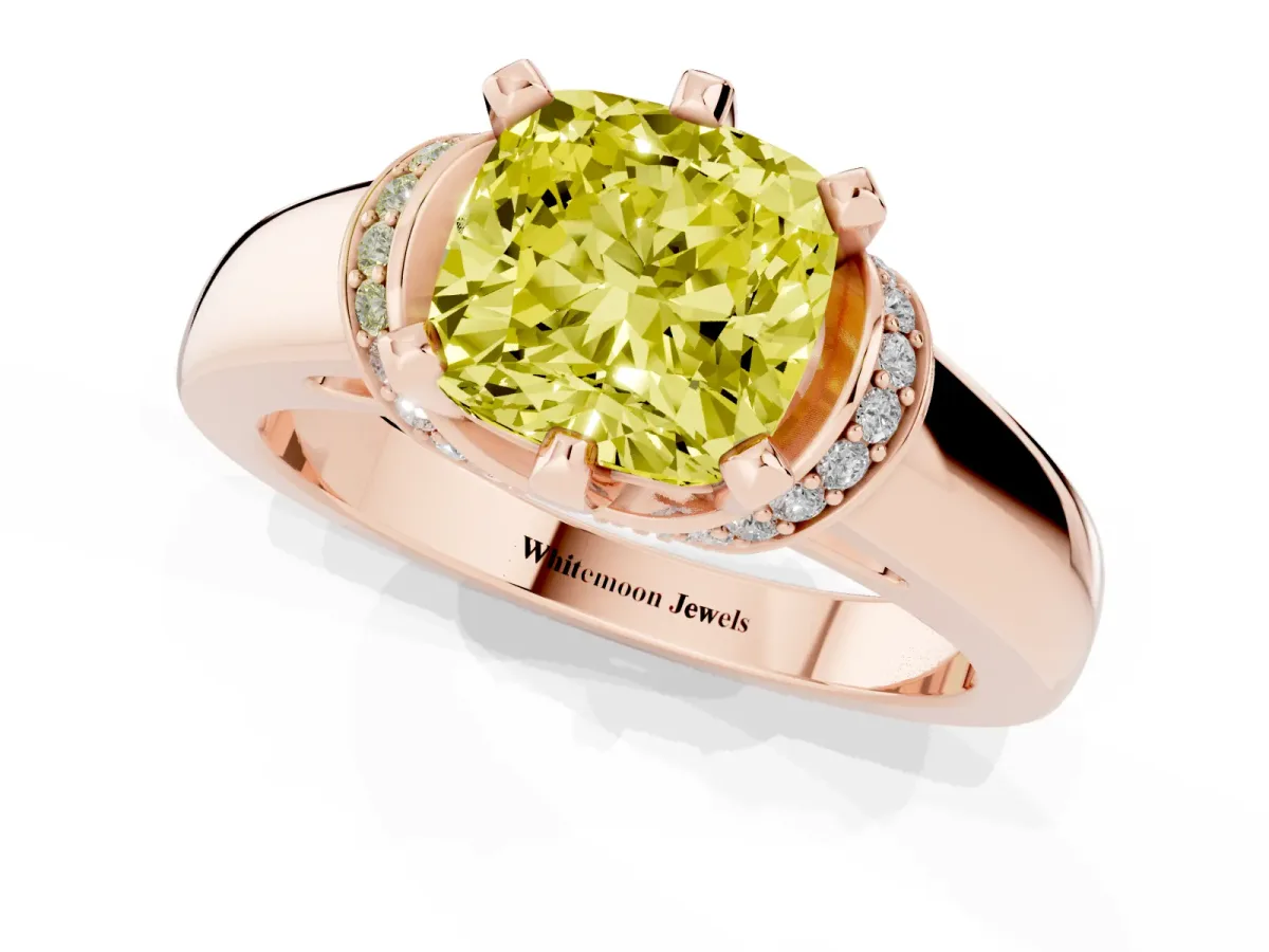 Fancy Yellow Cushion Cut Solitaire Diamond Ring with Pave Band and Six-Prong Setting Rose gold