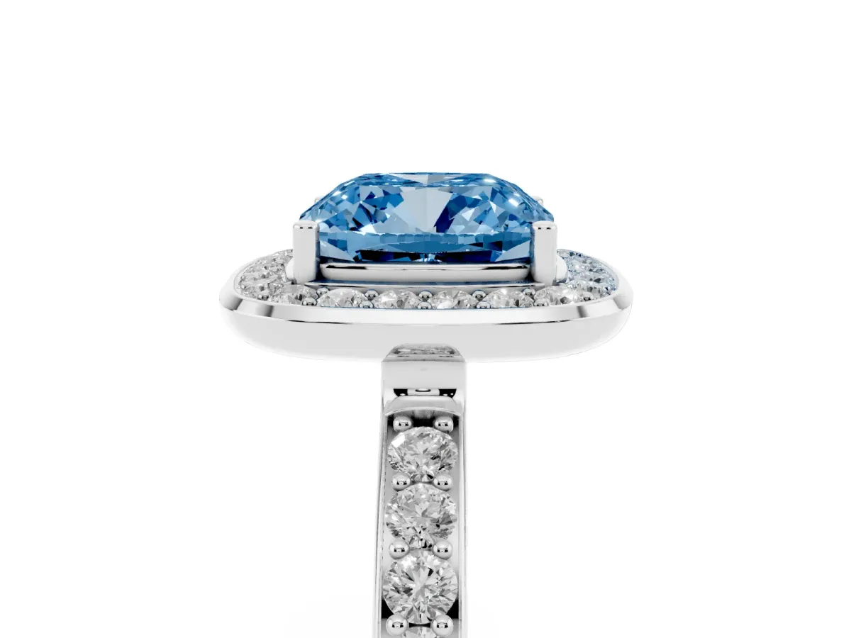 Fancy Blue Cushion Cut Diamond Halo Ring with Bezel Frame and Pavé Band Silver