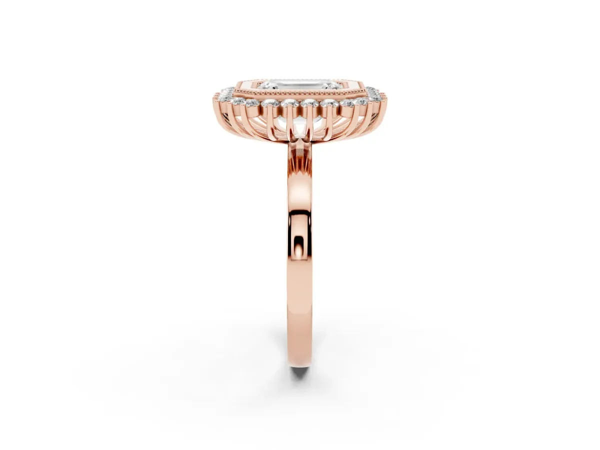 Emerald Cut Halo Diamond Ring with Milgrain Edge and Round Prong Setting Rose gold