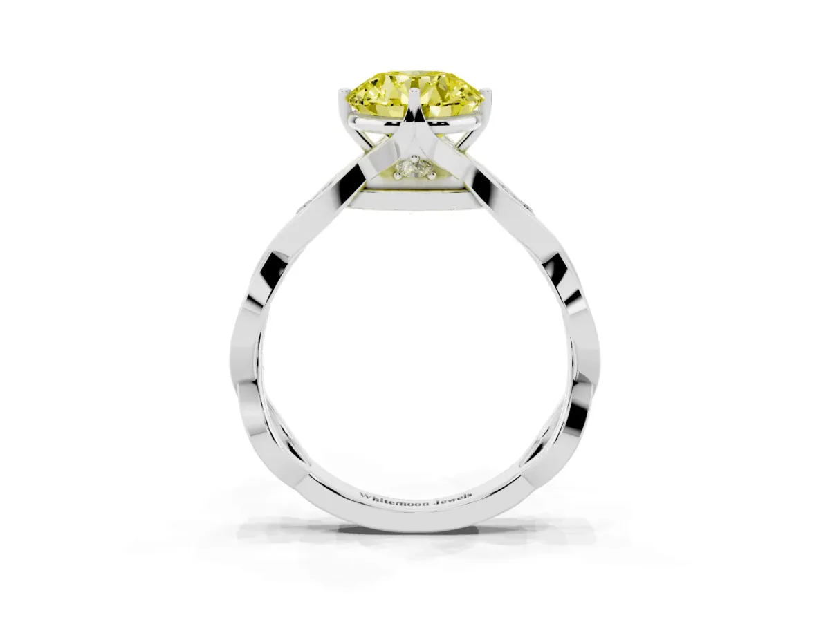 Fancy Yellow Round Cut Solitaire Twist Band with Leaf Prong Setting Platinum