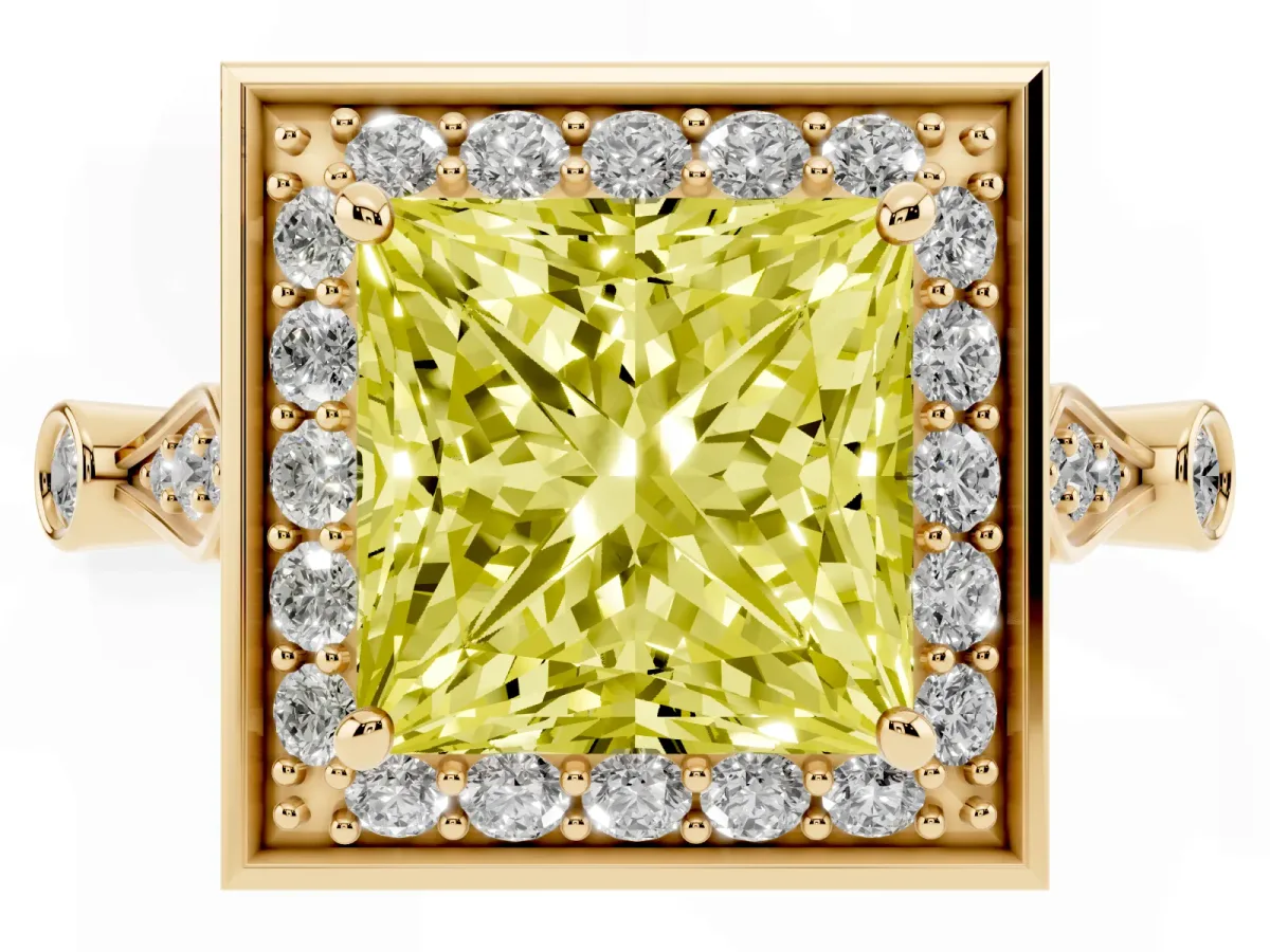 Fancy Yellow Princess Cut Halo Diamond Engagement Ring with Twisted Band and Four-Prong Setting Yellow gold