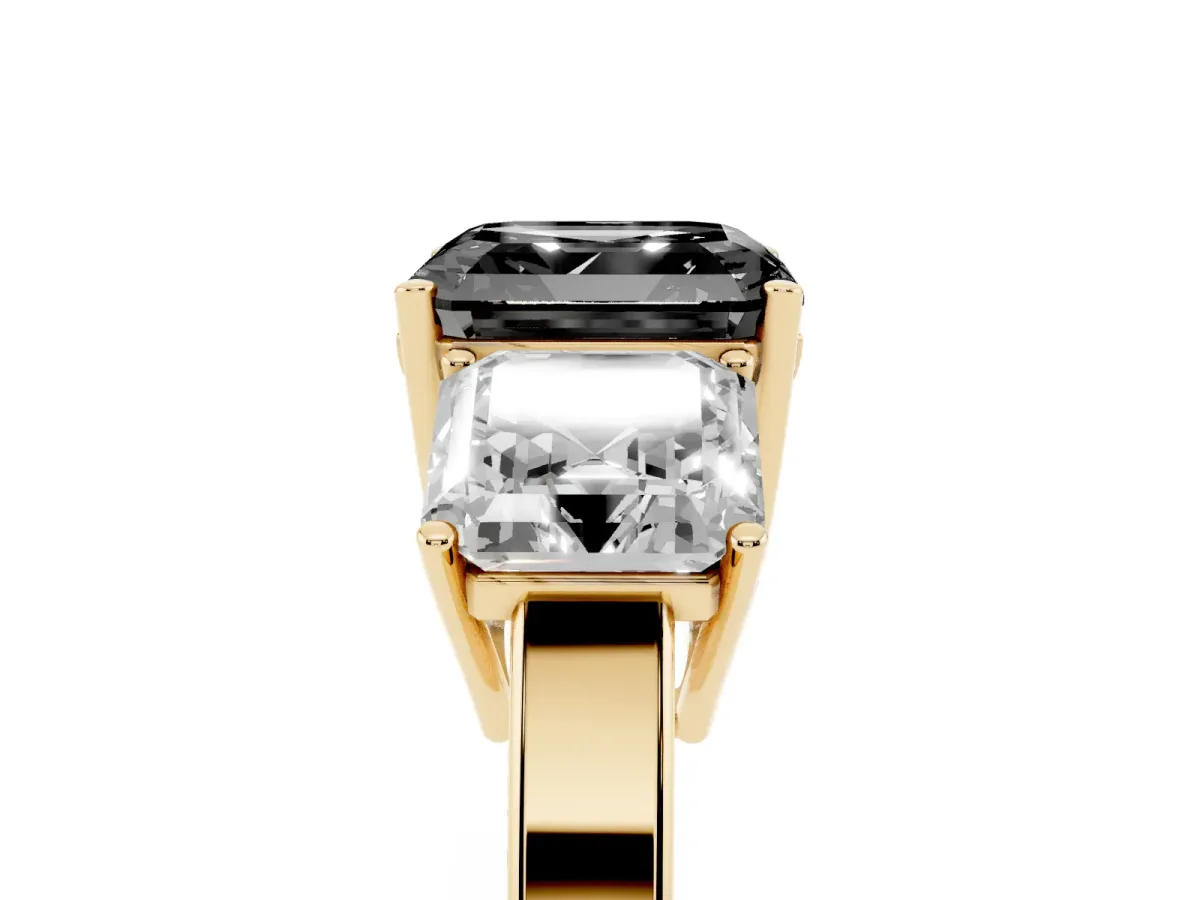 Fancy Black Three-Stone Asscher Cut Cut Diamond Engagement Ring with Flat Band and Four-Prong Setting Yellow gold