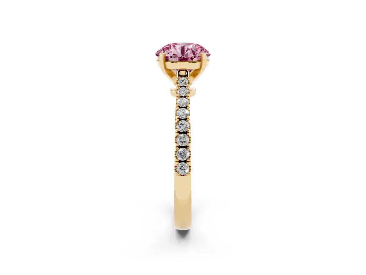 Fancy Pink Round Cut Cut Solitaire Diamond Engagement Ring with Pave Band and Four-Prong Setting Yellow gold