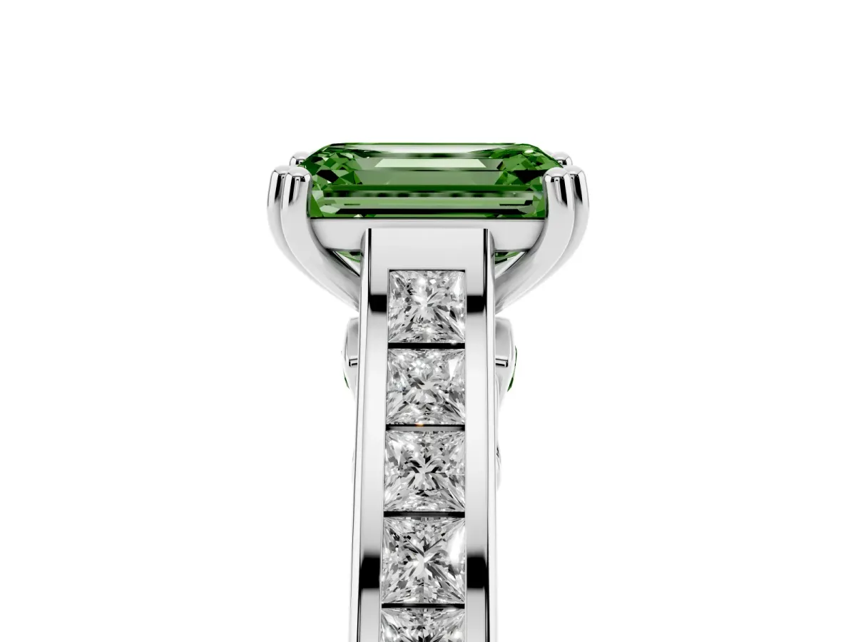 Fancy Green Emerald Cut Cut Channel Set Solitaire Engagement Ring with Prong Setting White gold