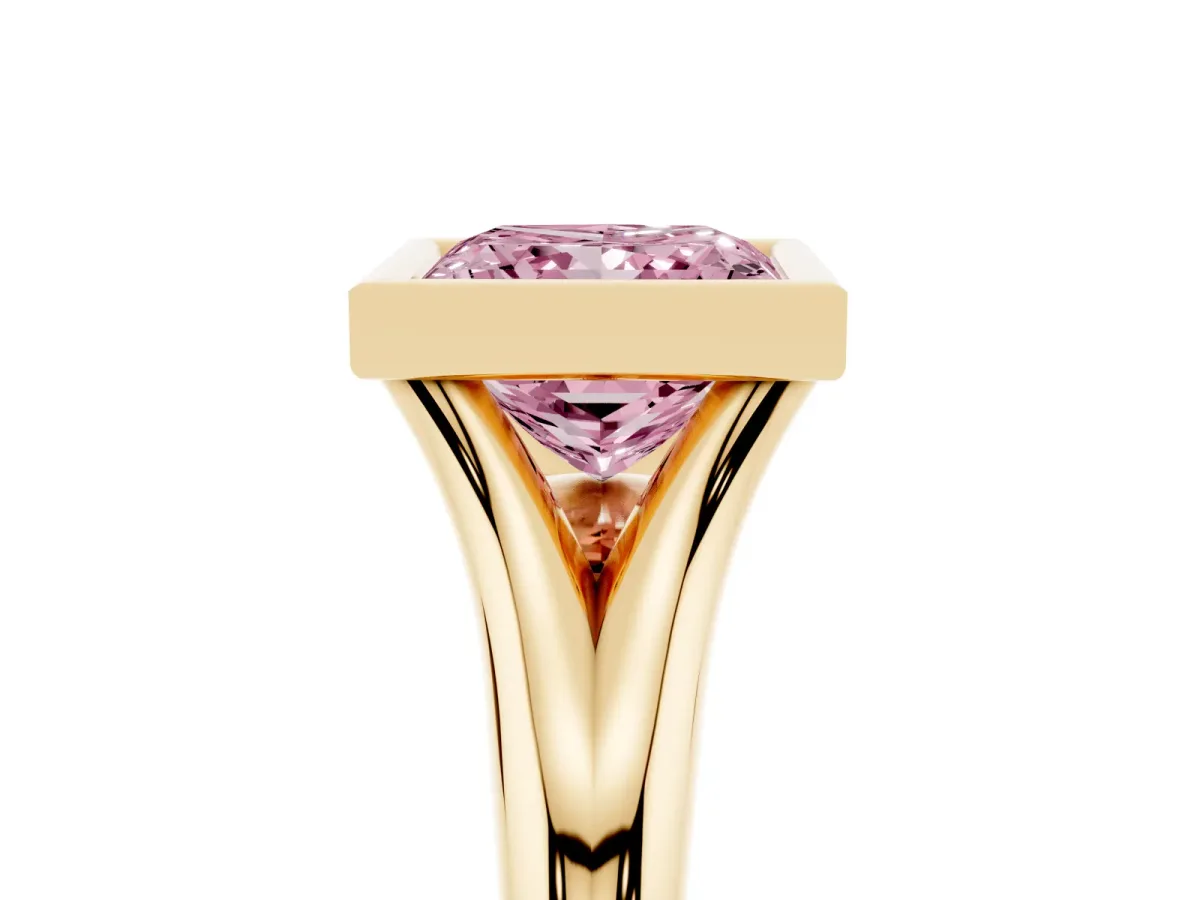 Fancy Pink Bezel Set Princess Cut Solitaire Diamond Ring with Smooth Band Yellow gold