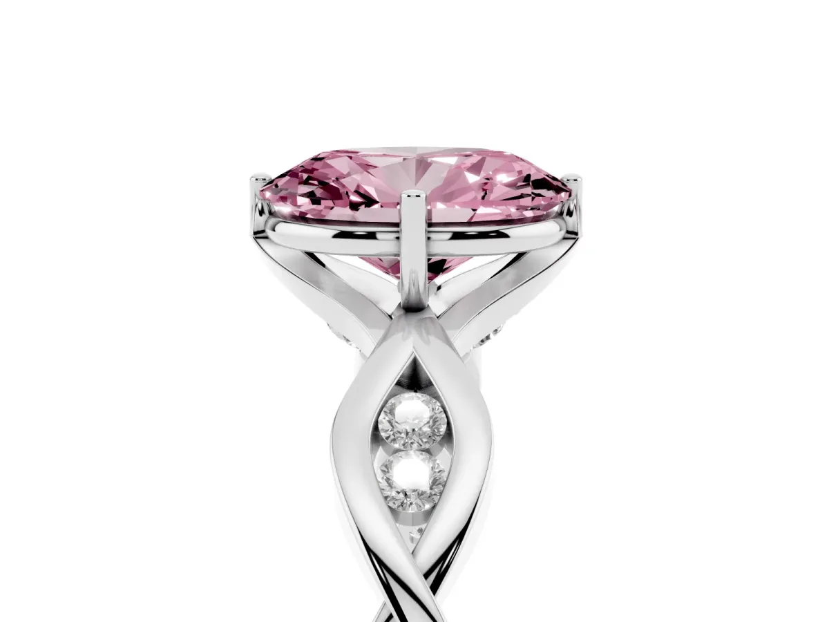 Fancy Pink Oval Cut Solitaire Twist Band with Leaf Prong Setting Silver
