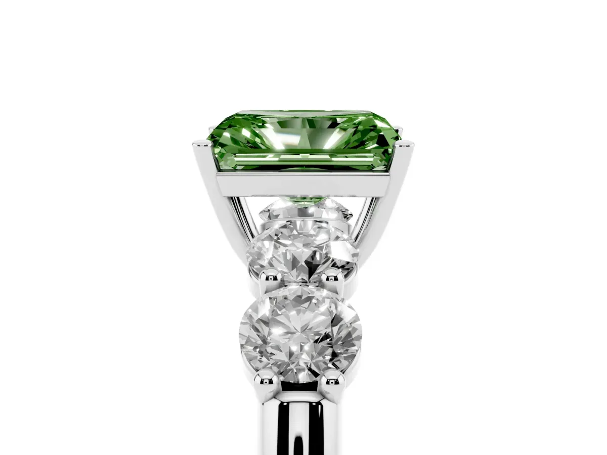 Fancy Green Radiant Cut Cut Five-Stone Prong Set Diamond Ring with Classic Band Silver