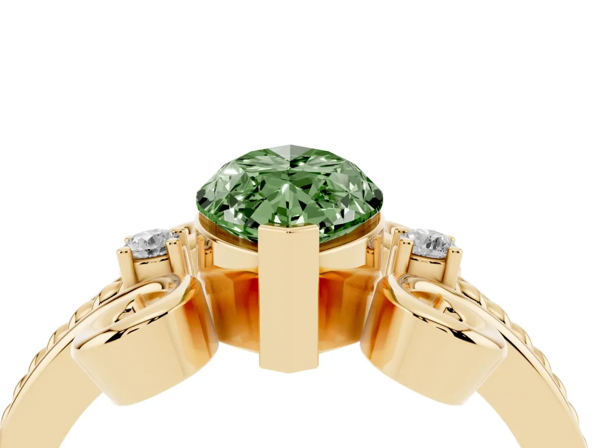 Fancy Green Marquise Cut Solitaire Twisted Band Scroll Prong Ring Yellow gold
