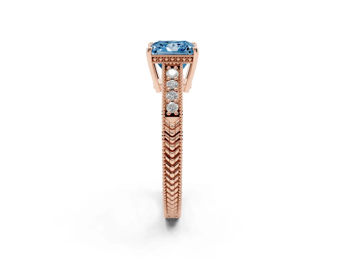 Fancy Blue Princess Cut Solitaire Pavé Diamond Milgrain Engagement Ring with Four-Prong Setting Rose gold