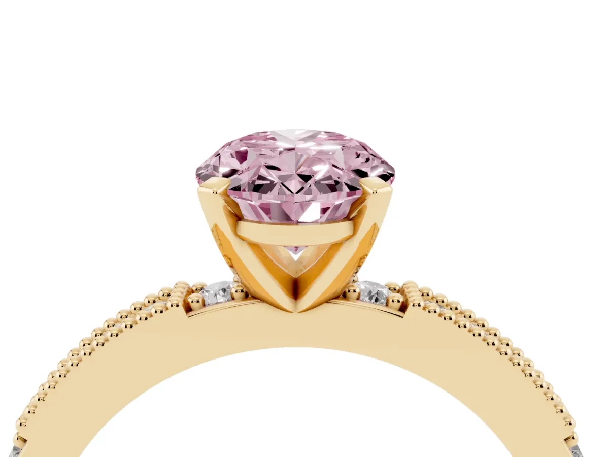 Fancy Pink Oval Cut Solitaire with Pavé Band and Four-Prong Setting Yellow gold