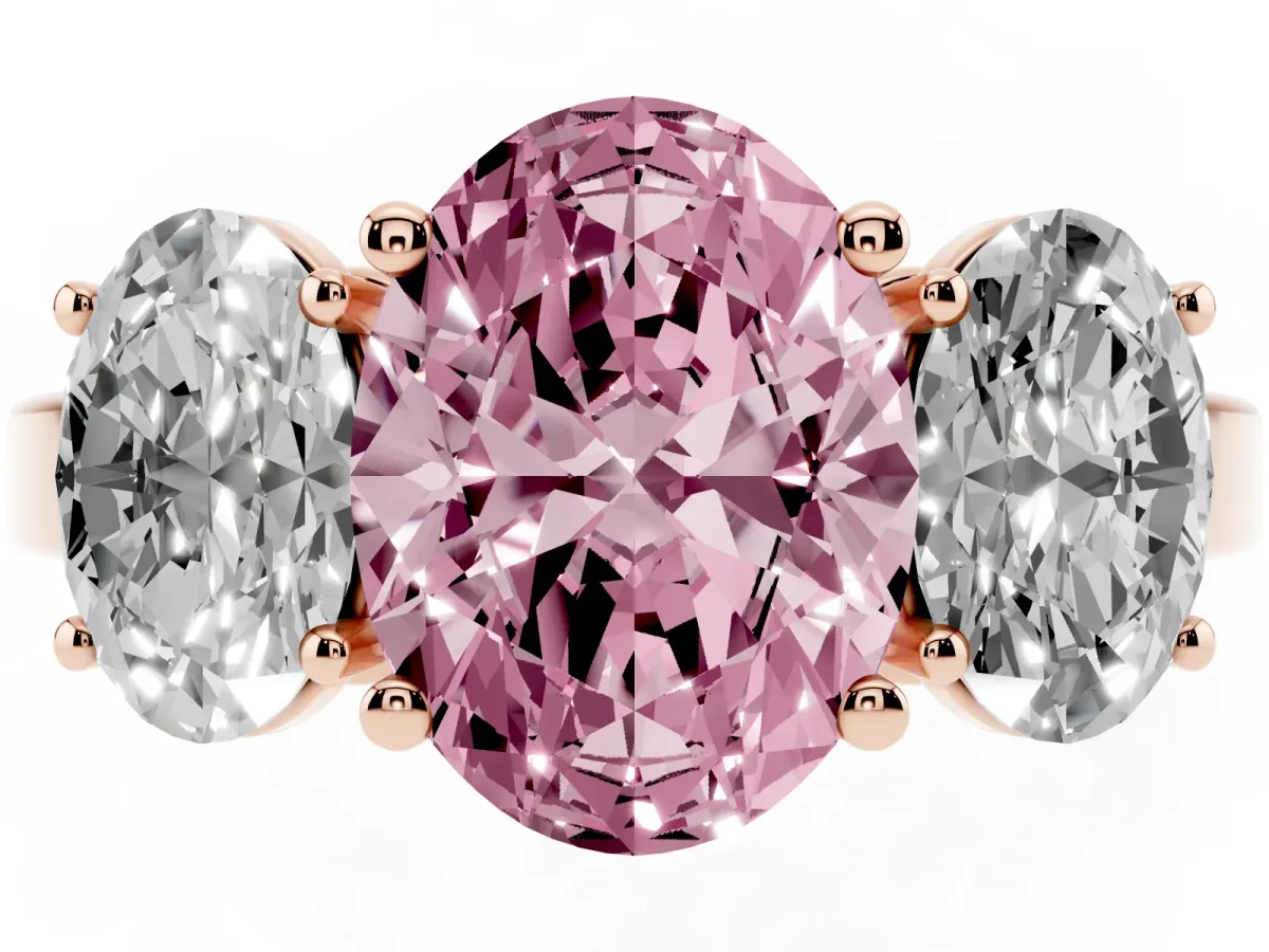 Fancy Pink Three-Stone Oval Cut Cut Diamond Engagement Ring with Flat Band and Four-Prong Setting Rose gold