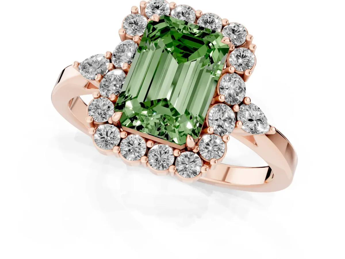 Fancy Green Emerald Cut Diamond Halo Ring with Pear Side Stones and Prong Setting Rose gold