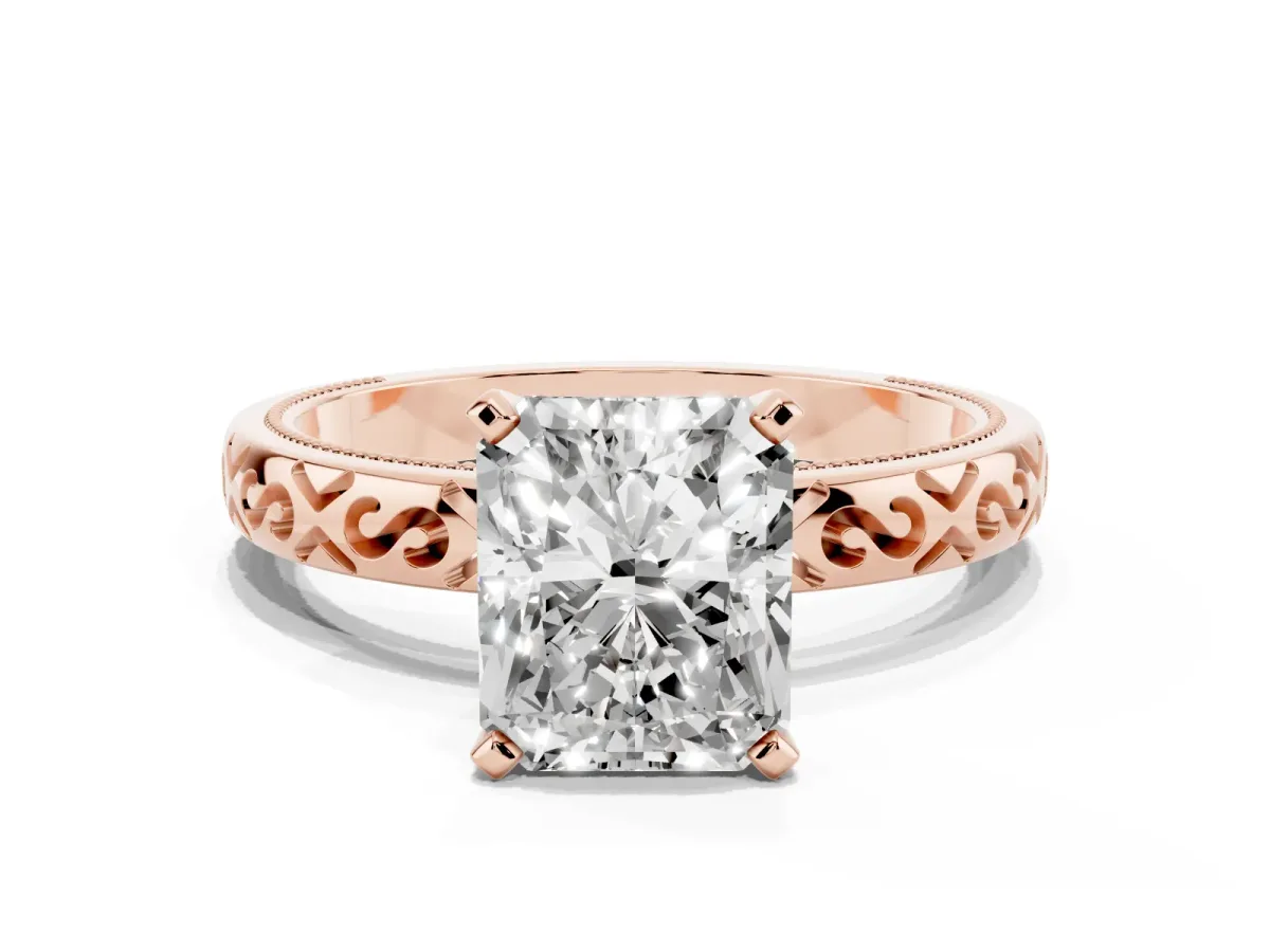 Radiant Cut Solitaire Engagement Ring with Scrollwork Band and Four-Prong Setting Rose gold