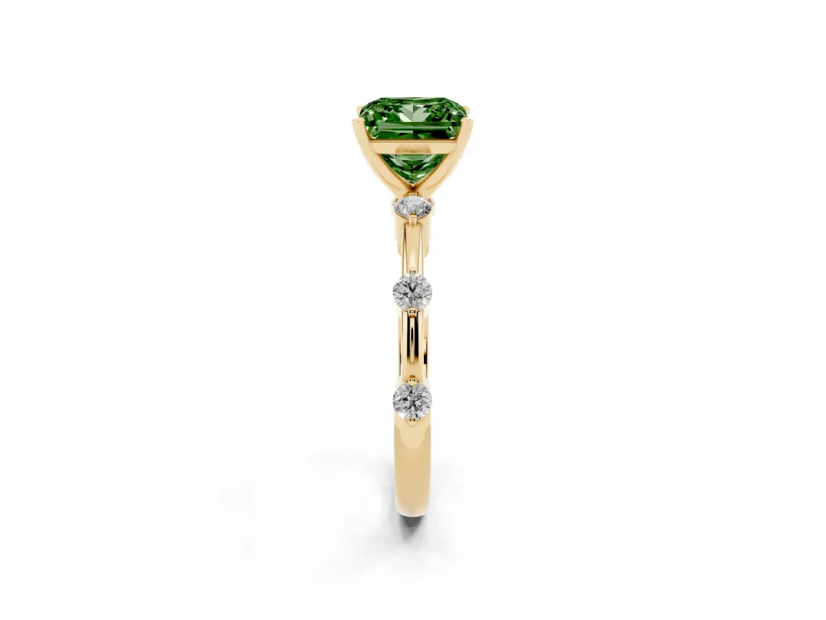 Fancy Green Princess Cut Solitaire Diamond Ring with Bezel Set Side Stones and Prong Setting Yellow gold