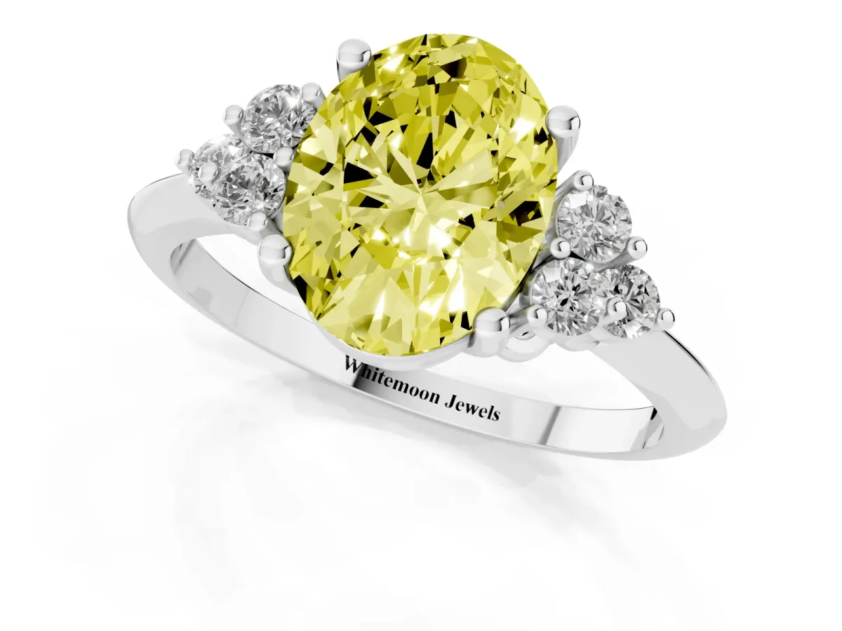 Fancy Yellow Oval Cut Cut Diamond Cluster Ring with Solitaire Band and Four-Prong Setting Silver
