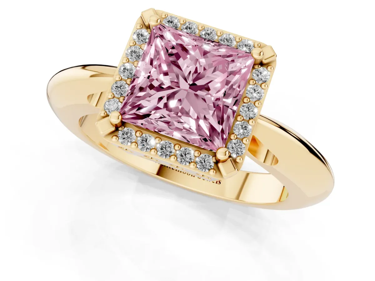 Fancy Pink Princess Cut Cut Diamond Halo Engagement Ring with Split Shank and Four-Prong Setting Yellow gold