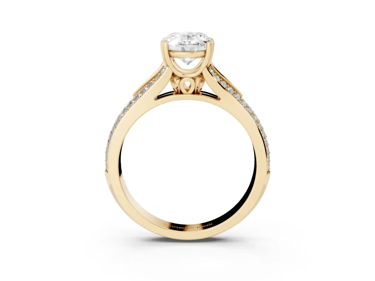 Oval Cut Diamond Split Shank Engagement Ring with Pavé Band Yellow gold