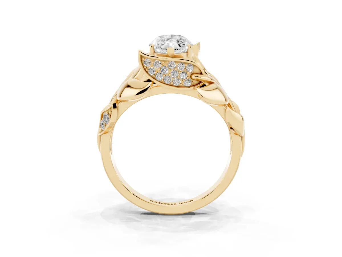 Marquise Cut Diamond Leaf-Inspired Engagement Ring with Round Accents and Prong Setting Yellow gold