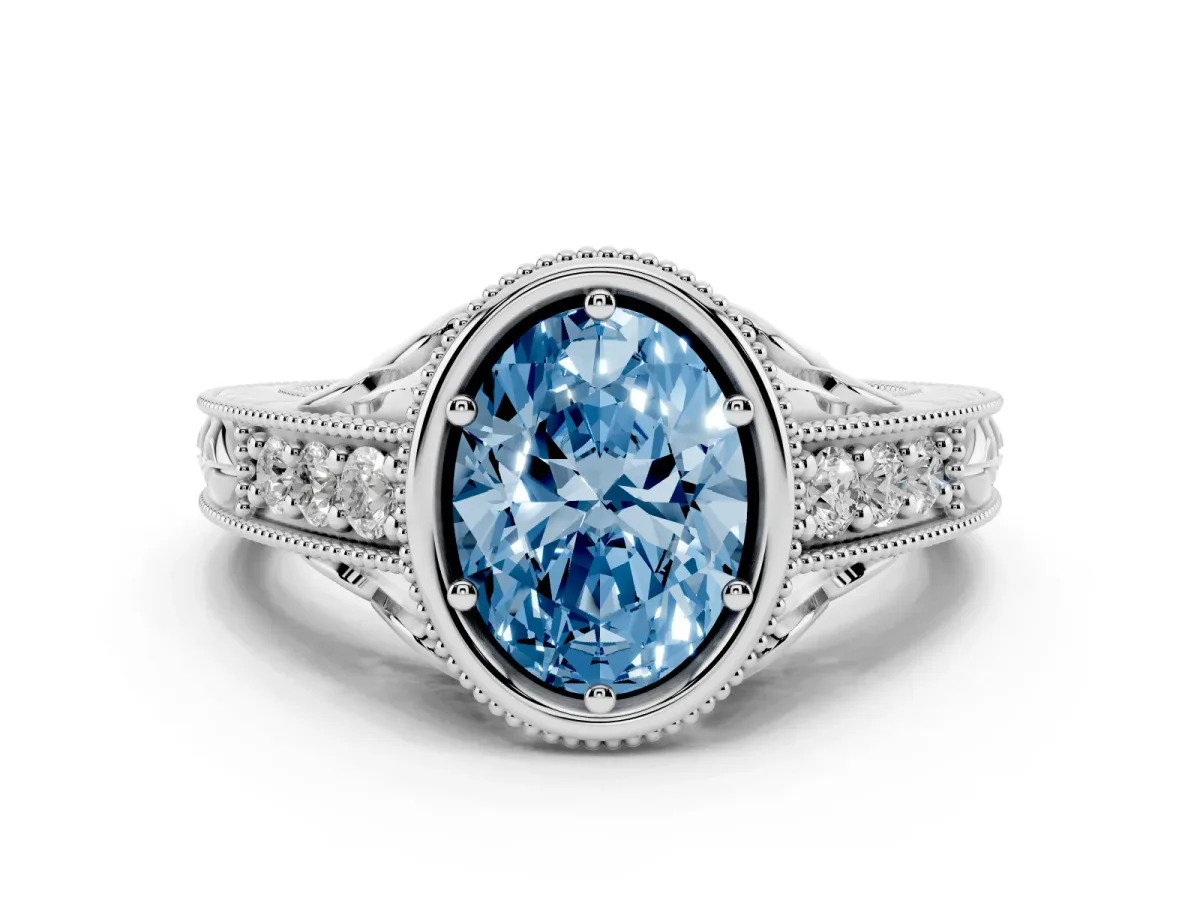 Fancy Blue Bezel Set Oval Cut Diamond Milgrain Pave Engagement Ring Silver