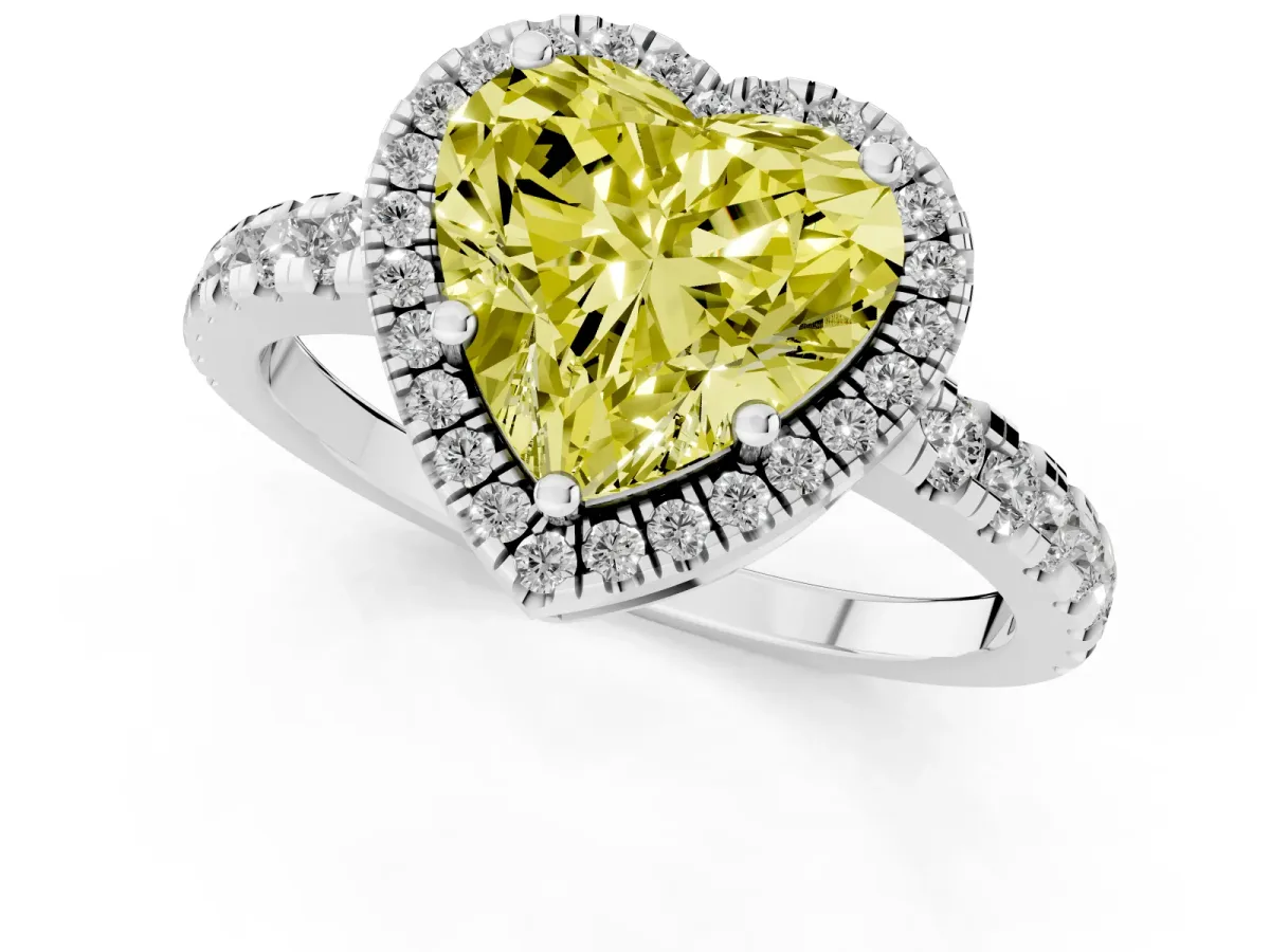 Fancy Yellow Heart Cut Diamond Halo Ring with Pavé Band and Four-Prong Setting White gold