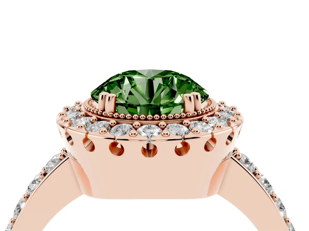 Fancy Green Round Cut Diamond Halo Ring with Pavé Band and Prong Setting Rose gold
