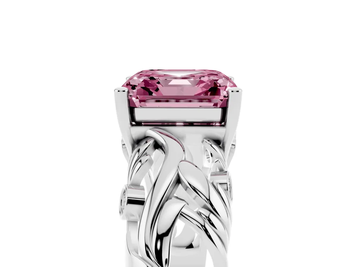 Fancy Pink Asscher Cut Solitaire Diamond Leaf-Inspired Vine Band Ring with Prong Setting Silver