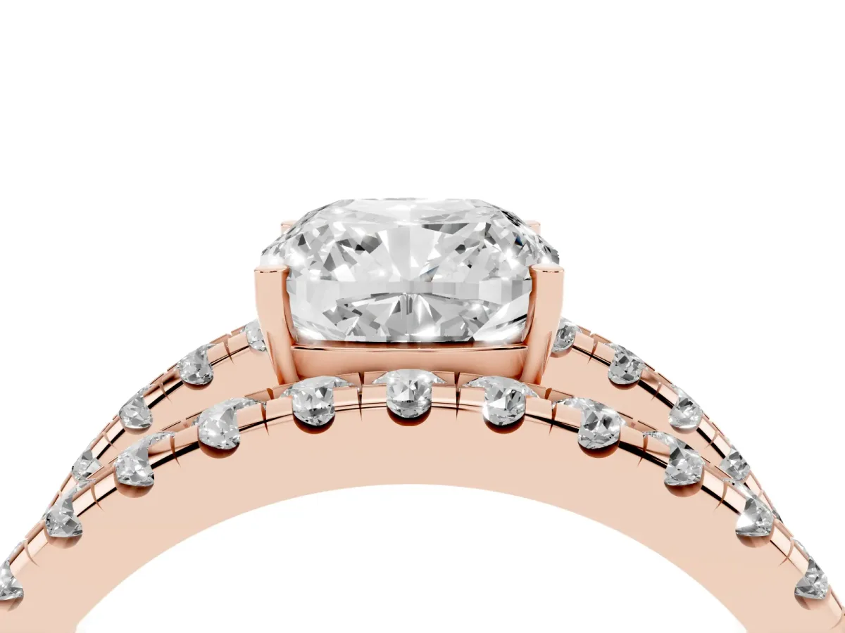 Cushion Cut Solitaire Split Shank Pave Diamond Ring Rose gold