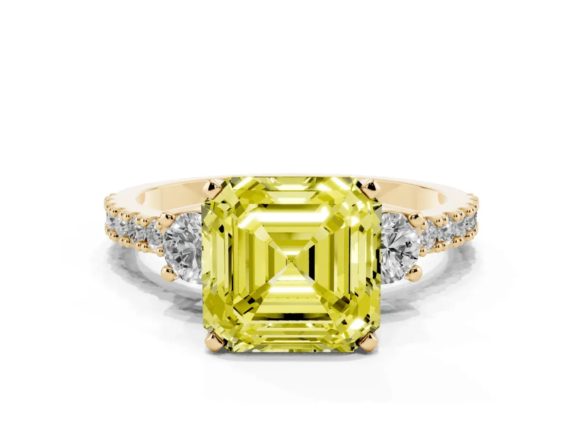Fancy Yellow Asscher Cut Three-Stone Diamond Pavé Band with Prong Setting Yellow gold